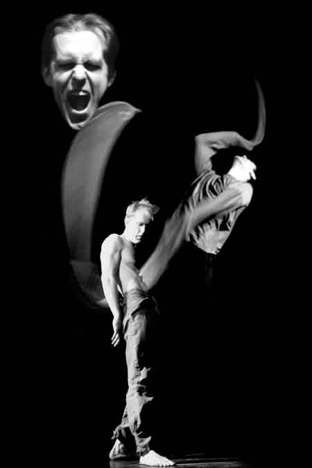 Tim Martin in the three sections of Portraits: Fallen Angel, Gaspard, and Walking Point.
